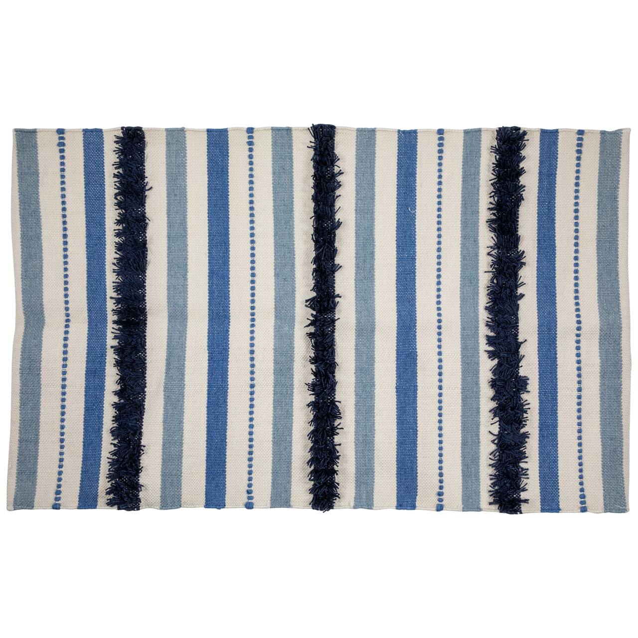 Blue, Cream & Black Striped Handloom Woven Outdoor Throw Rug, 3.5ft.x 2ft.